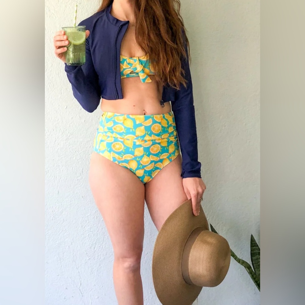 Swim Zip Women's High Waist Bikini Bottoms Ruched Lemons Print Sz 3X